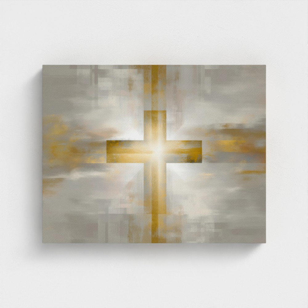 Minimalist Christian cross canvas wall art featuring an abstract golden cross with radiant light on a textured grey background, framed mockup on a white wall.
